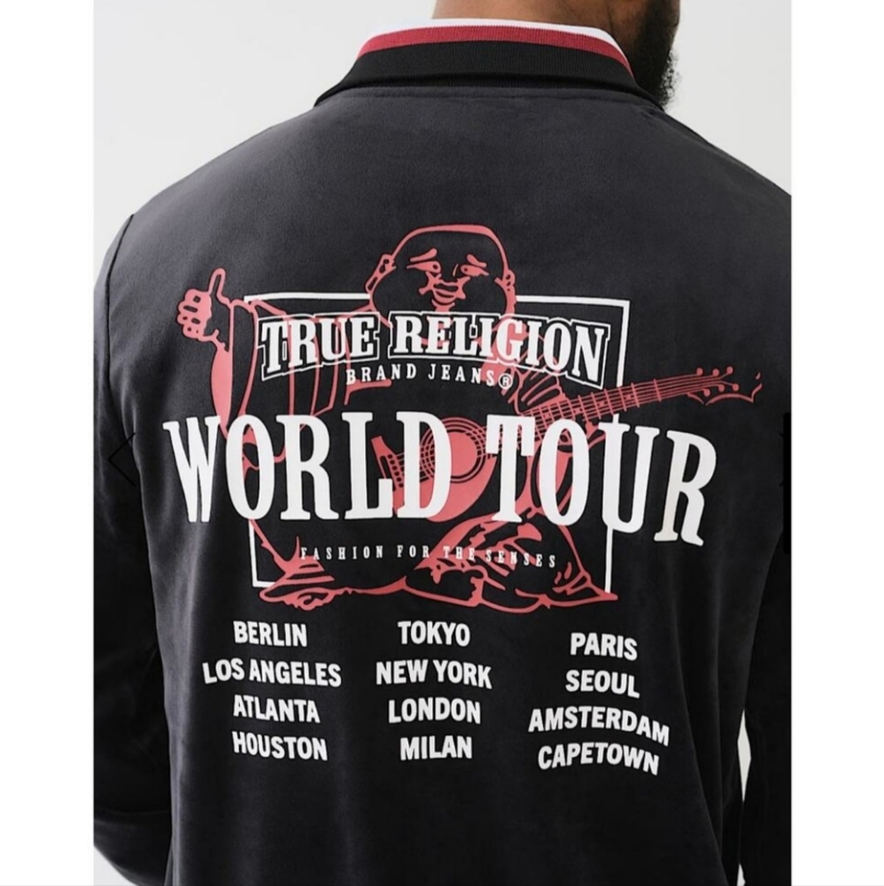 NWT True Religion "Velour World Tour Track Jacket" Black Graphic | Men's Size L - Picture 3 of 12